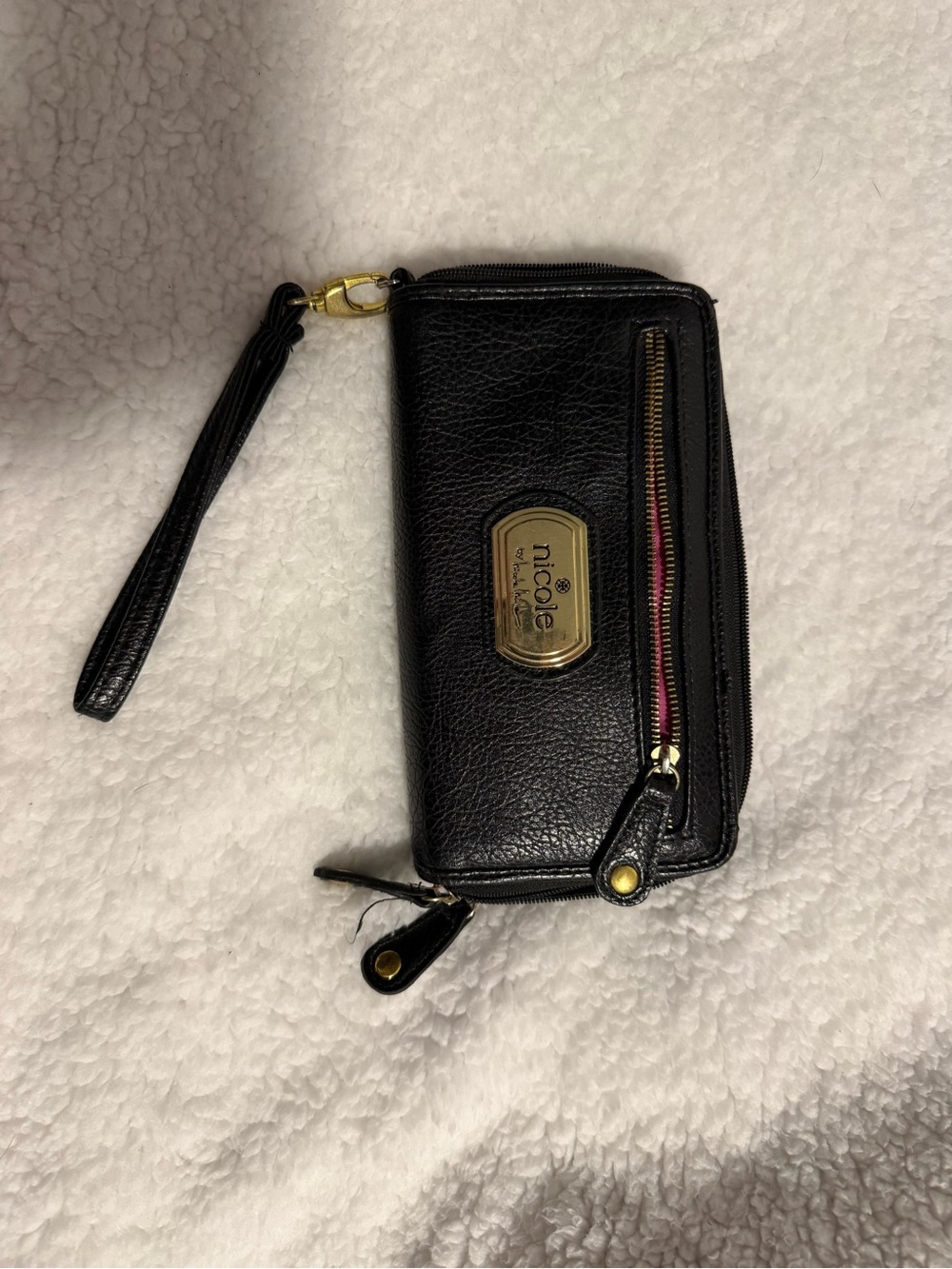 Nicole Miller Black Faux Leather Wristlet with Gold Plaque